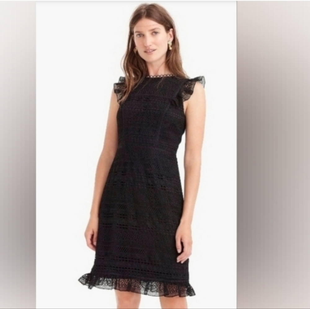 J. Crew Cap Sleeve Ruffle Dress In Mixed Lace Sz2 NWT Black
